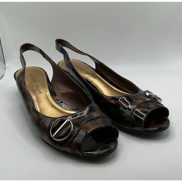 Antonio Melani Shoes Womens 8M Leopard Slingback Peep Toe Low Wedge Heel Slip On - Picture 1 of 13